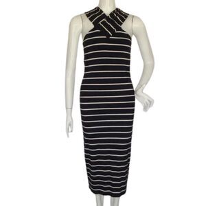 TED BAKER Dress, 3/US 8, Navy/White stripes, Midi, Jersey, Crossed Neckline